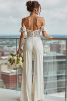Load image into Gallery viewer, Ivory Backless Off the Shoulder Bridal Jumpsuits with Lace