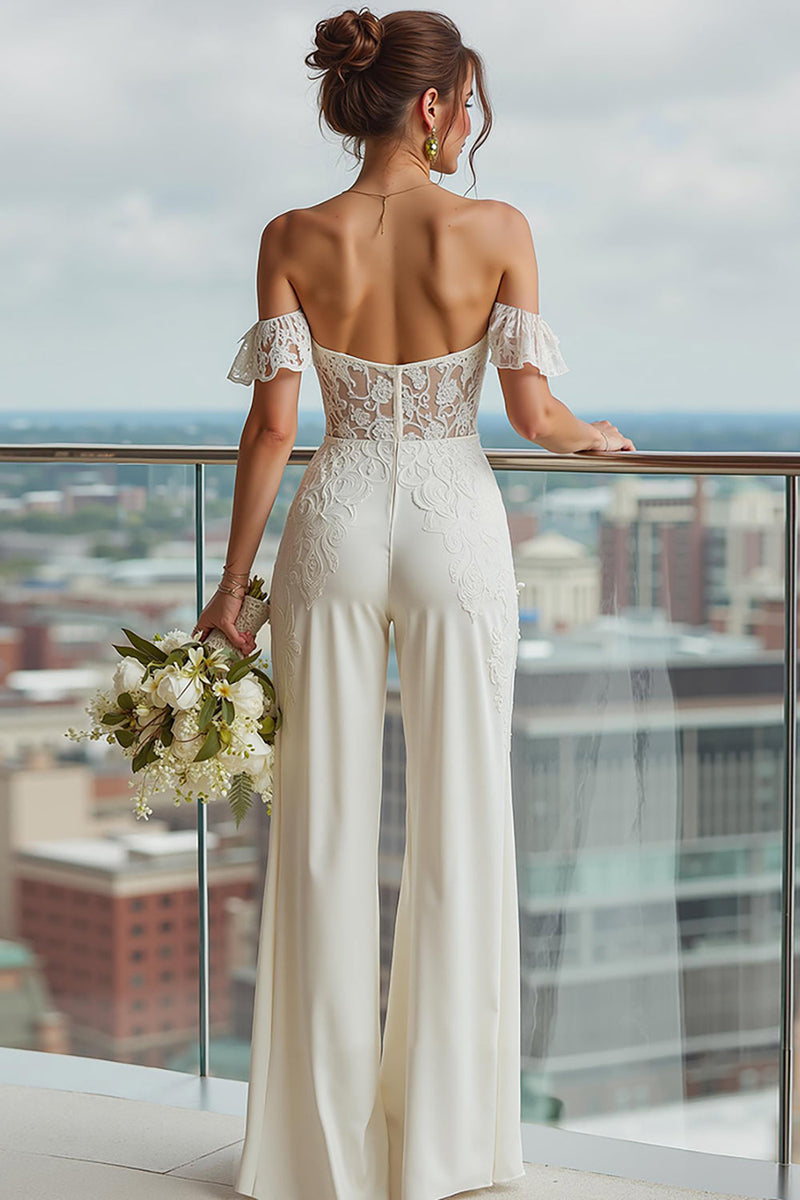 Load image into Gallery viewer, Ivory Backless Off the Shoulder Bridal Jumpsuits with Lace