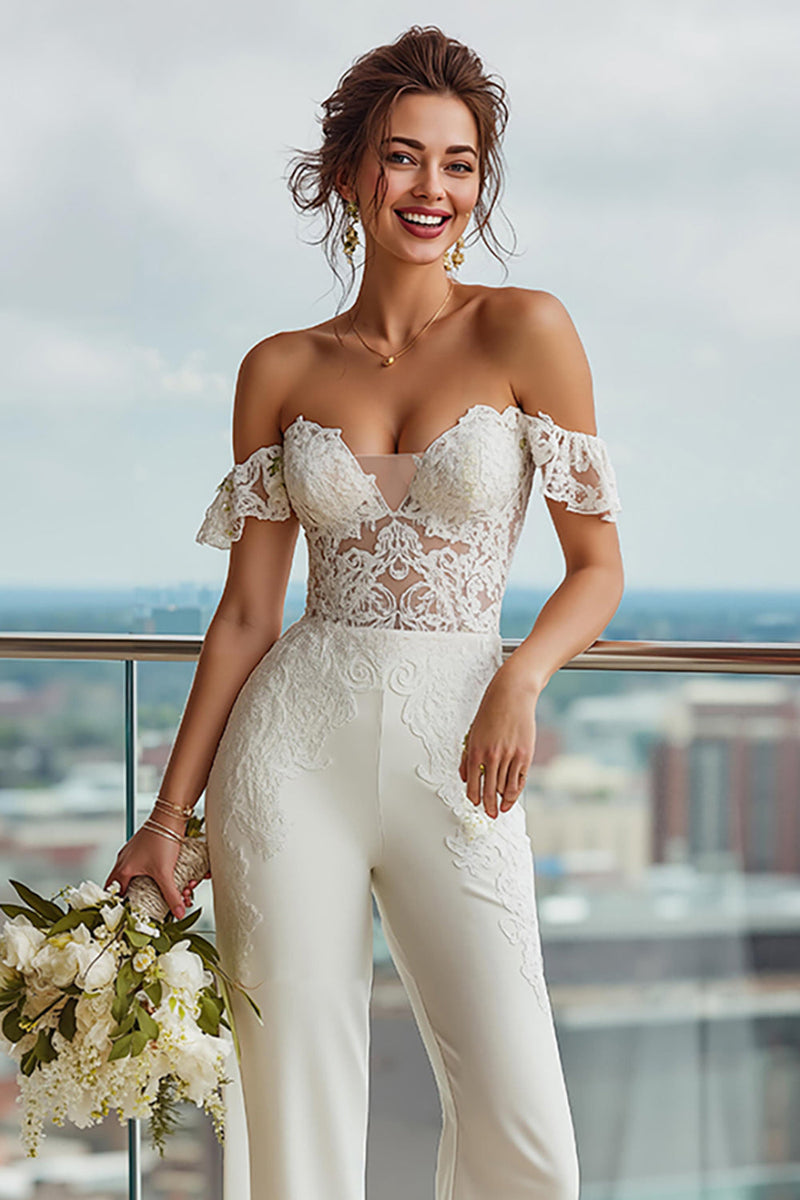 Load image into Gallery viewer, Ivory Backless Off the Shoulder Bridal Jumpsuits with Lace