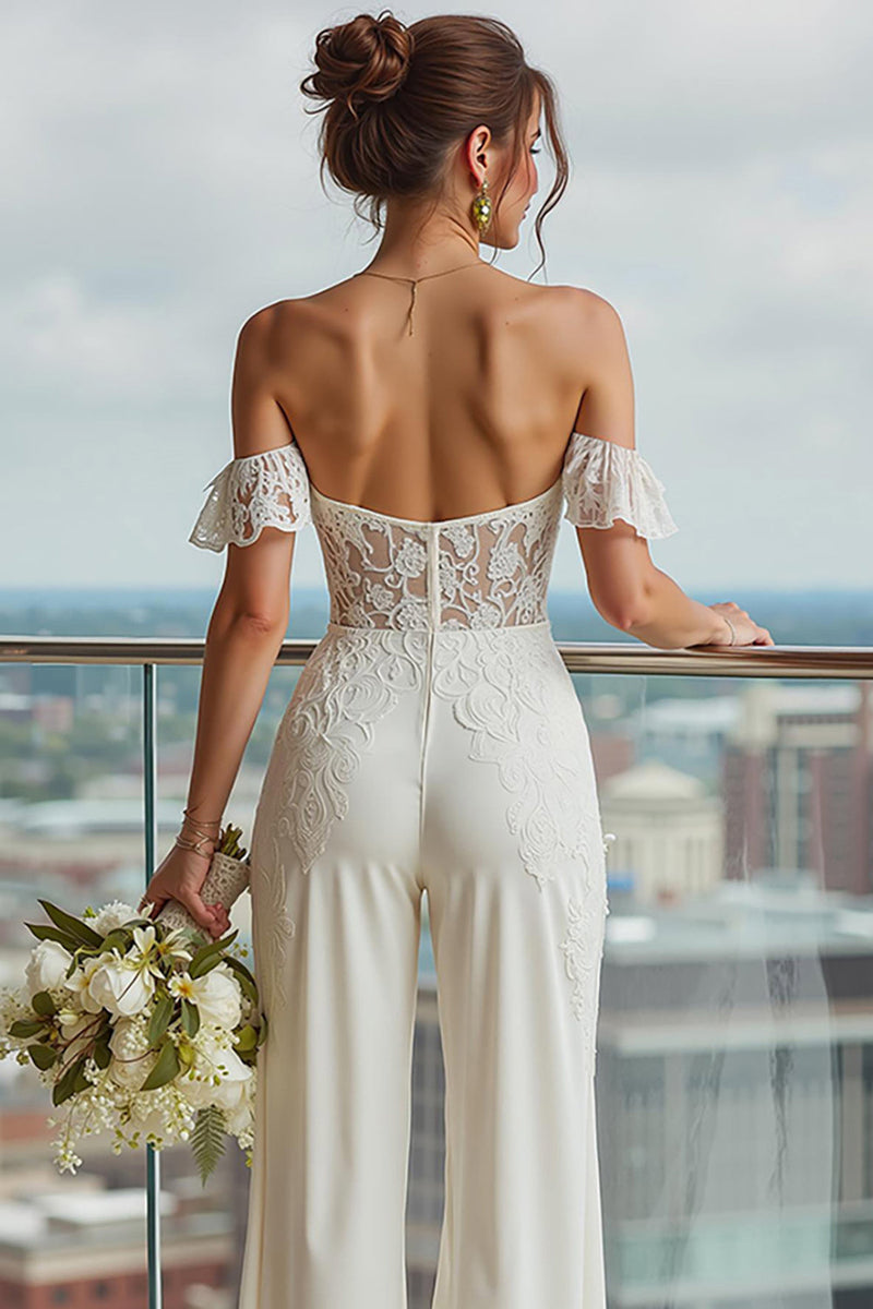 Load image into Gallery viewer, Ivory Backless Off the Shoulder Bridal Jumpsuits with Lace