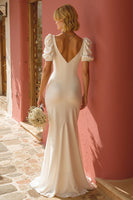 Load image into Gallery viewer, White Short Sleeves Sweep Train Mermaid Wedding Dress with Slit