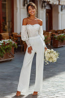 Load image into Gallery viewer, White Lace Strapless Bridal Jumpsuits with Sleeves