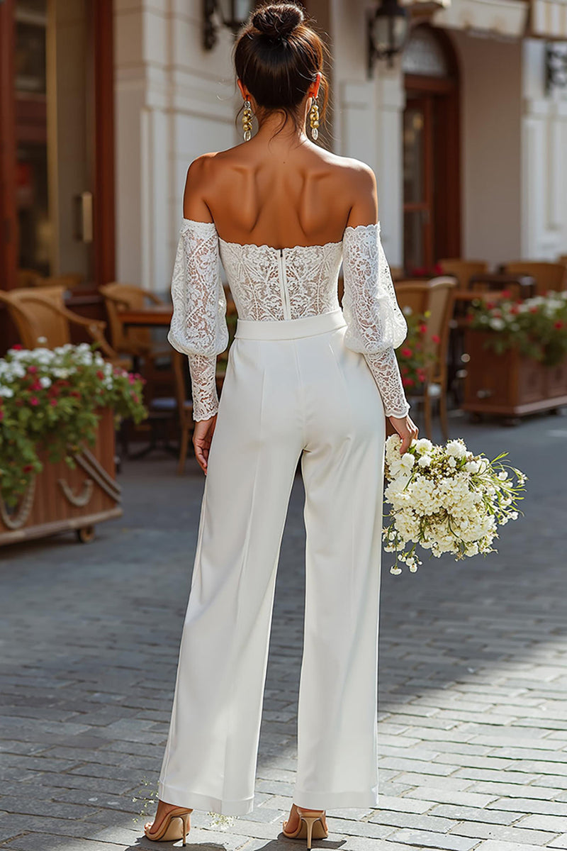 Load image into Gallery viewer, White Lace Strapless Bridal Jumpsuits with Sleeves