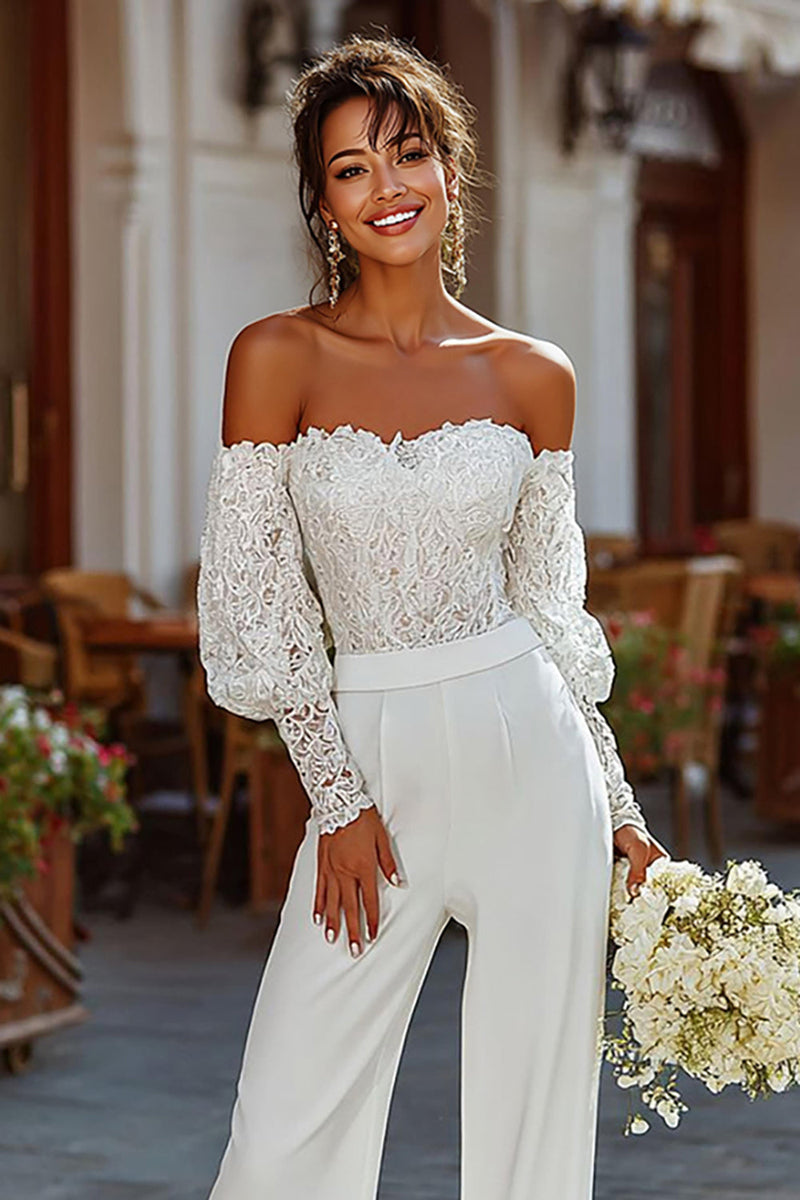 Load image into Gallery viewer, White Lace Strapless Bridal Jumpsuits with Sleeves