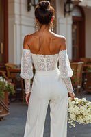 Load image into Gallery viewer, White Lace Strapless Bridal Jumpsuits with Sleeves