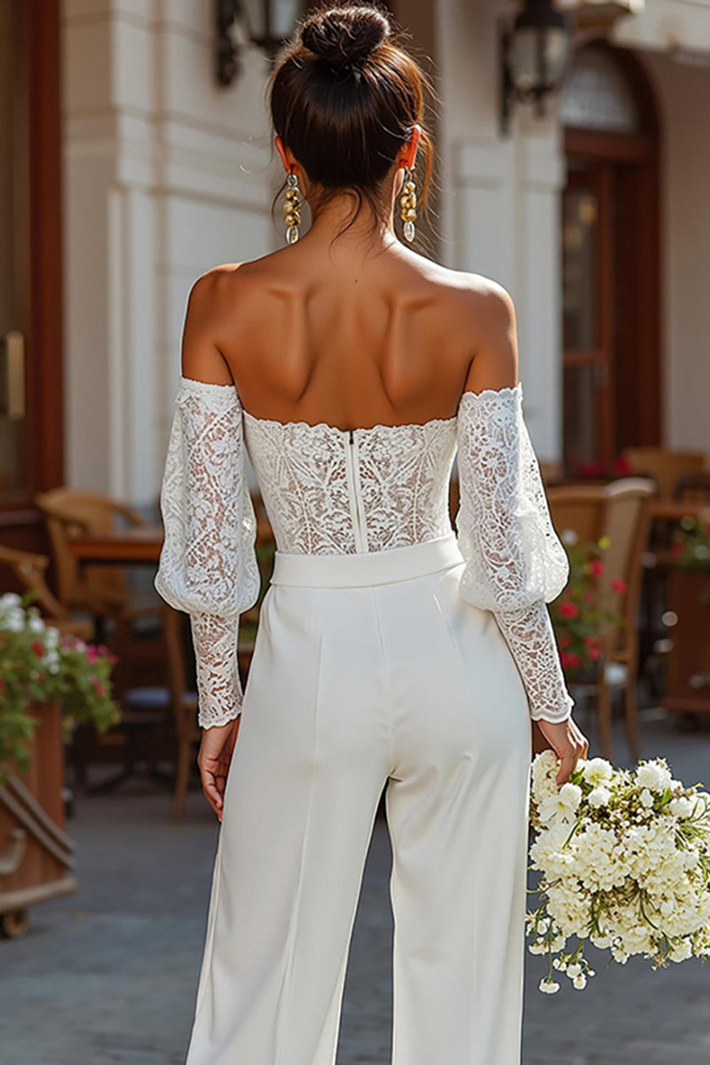 Load image into Gallery viewer, White Lace Strapless Bridal Jumpsuits with Sleeves