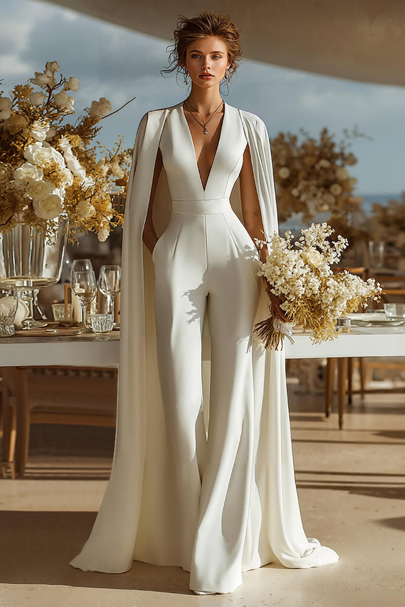Load image into Gallery viewer, Ivory Satin Deep V-Neck Bridal Jumpsuits with Cape