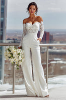 Load image into Gallery viewer, White Sweetheart Satin Bridal Jumpsuits with Lace