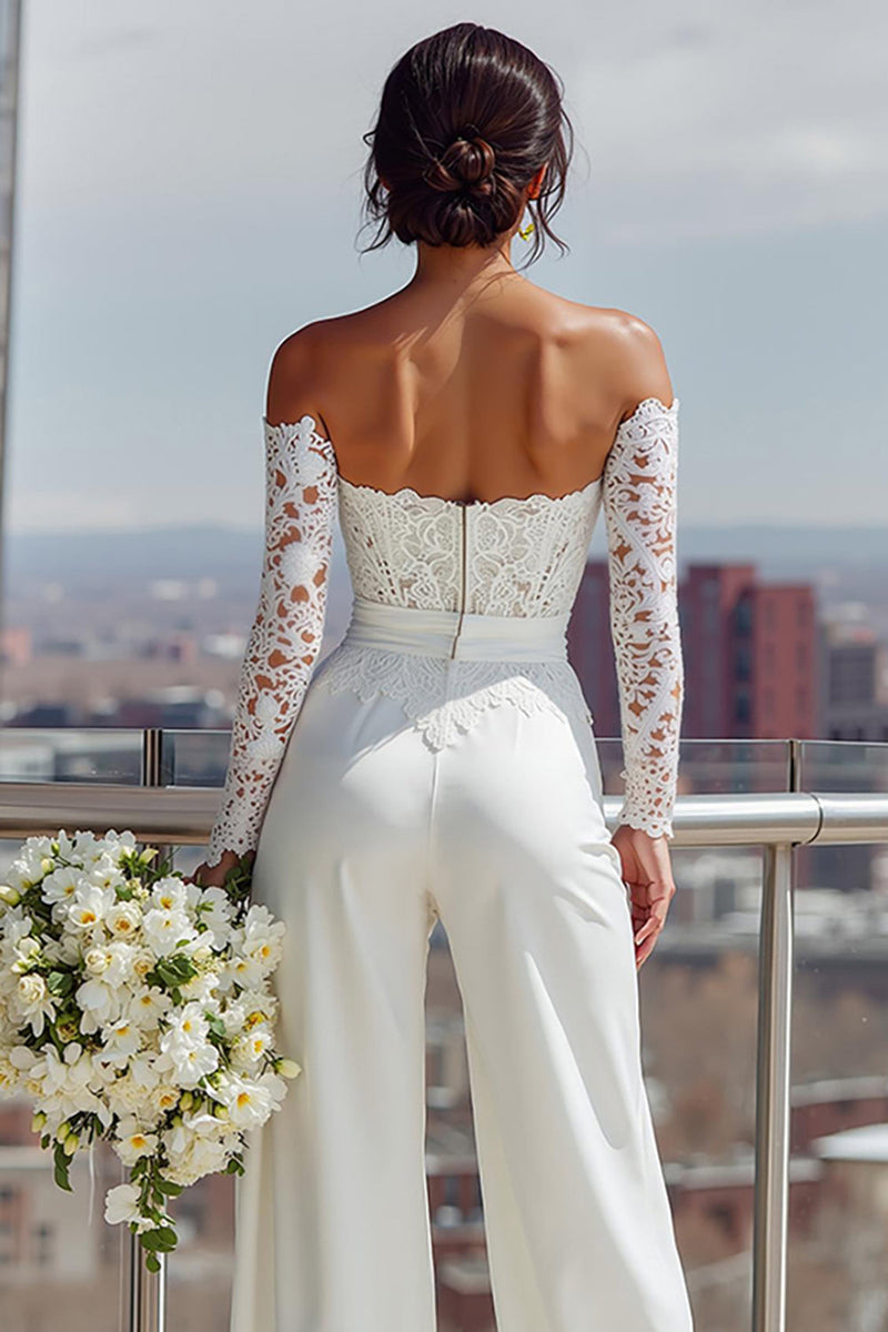 Load image into Gallery viewer, White Sweetheart Satin Bridal Jumpsuits with Lace