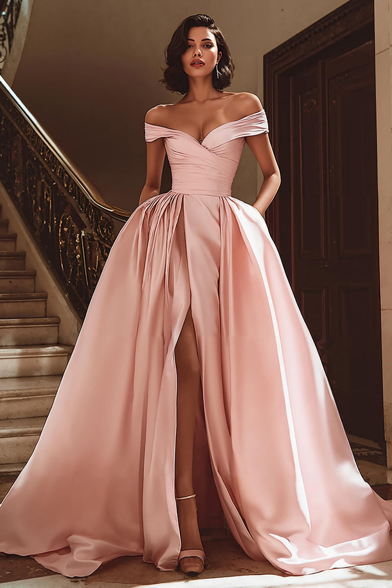 Load image into Gallery viewer, White A Line Off the Shoulder Satin Sweep Train Wedding Dress with Slit