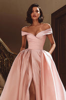Load image into Gallery viewer, White A Line Off the Shoulder Satin Sweep Train Wedding Dress with Slit