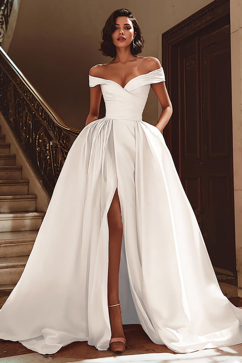 Load image into Gallery viewer, White A Line Off the Shoulder Satin Sweep Train Wedding Dress with Slit