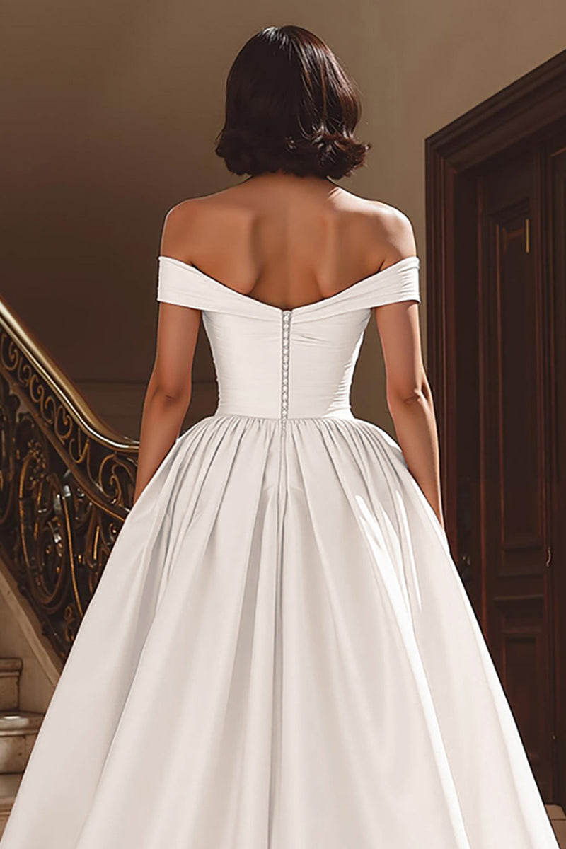 Load image into Gallery viewer, White A Line Off the Shoulder Satin Sweep Train Wedding Dress with Slit