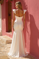 Load image into Gallery viewer, White Cap Sleeves Ruched Mermaid Floor-Length Wedding Dress with Slit