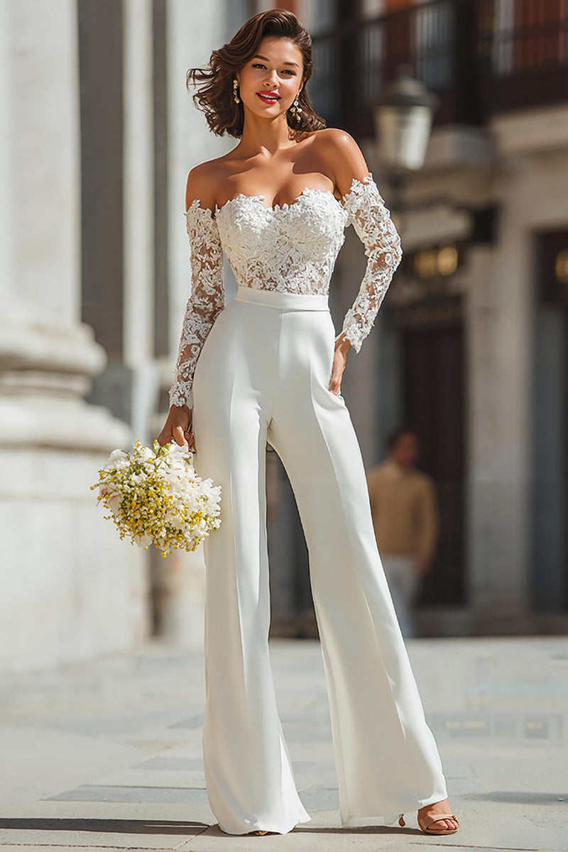 Load image into Gallery viewer, Women White Appliqued Bridal Jumpsuits with Sleeves Wide Leg Sweetheart Lace Wedding Jumpsuits