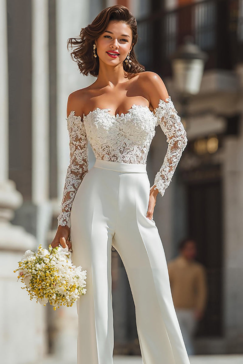 Load image into Gallery viewer, White Sweetheart Appliqued Lace Bridal Jumpsuits with Sleeves