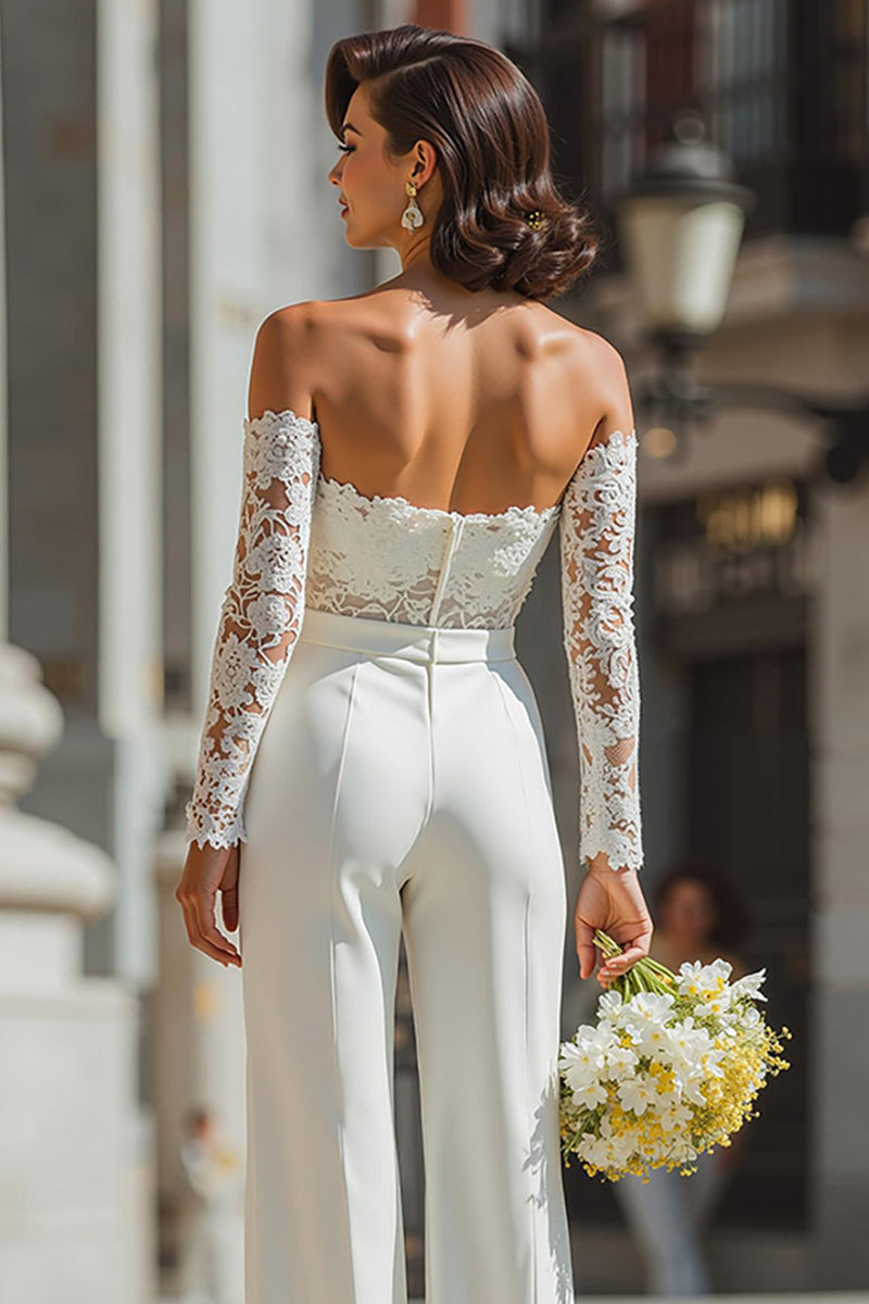 Load image into Gallery viewer, White Sweetheart Appliqued Lace Bridal Jumpsuits with Sleeves