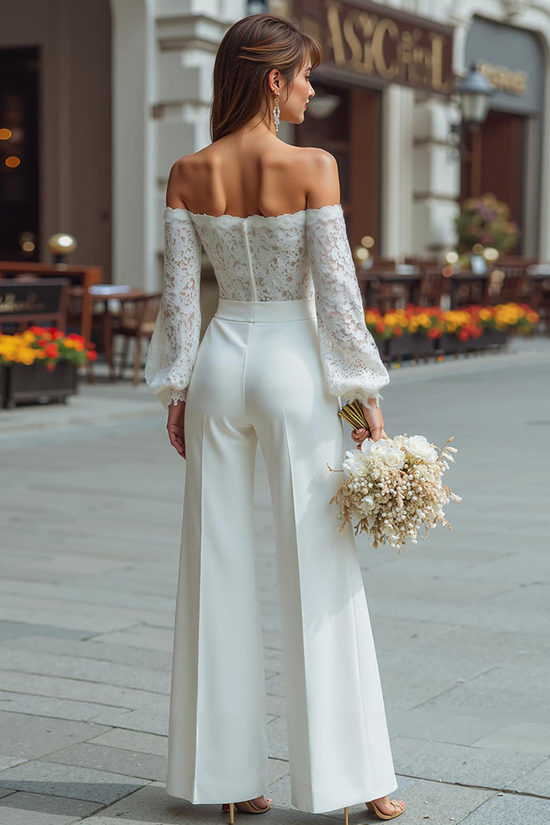 Load image into Gallery viewer, White Long Sleeves Wide Leg Bridal Jumpsuits with Appliques