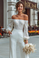 Load image into Gallery viewer, White Long Sleeves Wide Leg Bridal Jumpsuits with Appliques