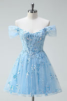Load image into Gallery viewer, Sparkly Sky Blue A Line Tulle Short Corset Prom Dress with Appliques