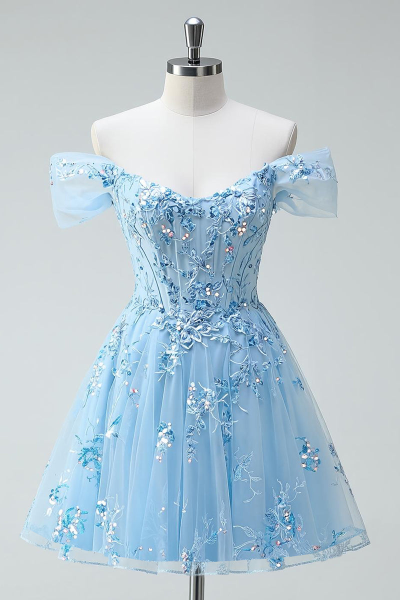Load image into Gallery viewer, Sparkly Sky Blue A Line Tulle Short Corset Prom Dress with Appliques