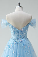 Load image into Gallery viewer, Sparkly Sky Blue A Line Tulle Short Corset Prom Dress with Appliques