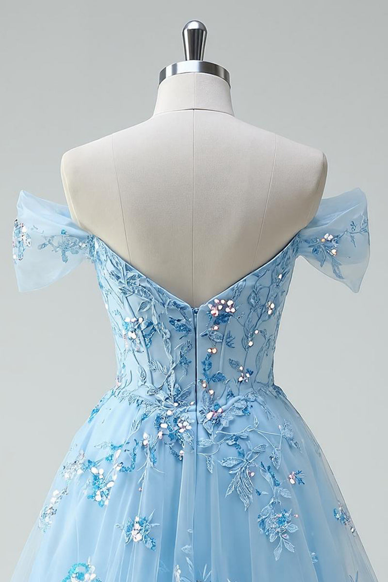 Load image into Gallery viewer, Sparkly Sky Blue A Line Tulle Short Corset Prom Dress with Appliques