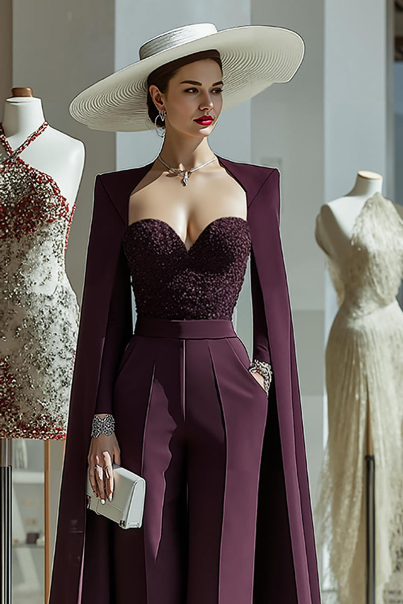 Load image into Gallery viewer, Long Sleeves Cabernet Mother of the Bride Jumpsuits with Pockets