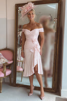 Load image into Gallery viewer, Candy Pink Off the Shoulder Ruffled Midi Mother of the Bride Dress with Slit