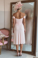 Load image into Gallery viewer, Candy Pink Off the Shoulder Ruffled Midi Mother of the Bride Dress with Slit