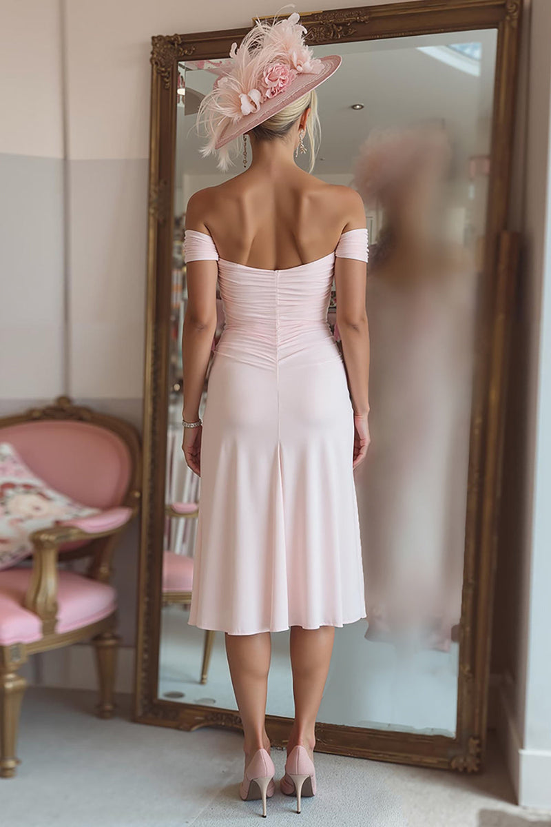 Load image into Gallery viewer, Candy Pink Off the Shoulder Ruffled Midi Mother of the Bride Dress with Slit