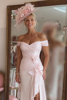 Load image into Gallery viewer, Candy Pink Off the Shoulder Ruffled Midi Mother of the Bride Dress with Slit