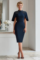 Load image into Gallery viewer, Sparkly Navy Beaded Bodycon Midi Mother of the Bride Dress with Sleeves