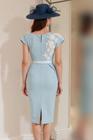 Load image into Gallery viewer, Light Blue Floral Bodycon Boat Neck Midi Mother of the Bride Dress with Slit