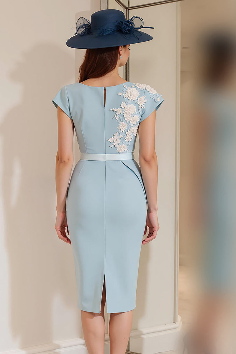 Load image into Gallery viewer, Light Blue Floral Bodycon Boat Neck Midi Mother of the Bride Dress with Slit