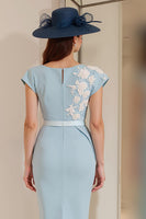 Load image into Gallery viewer, Light Blue Floral Bodycon Boat Neck Midi Mother of the Bride Dress with Slit