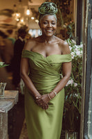 Load image into Gallery viewer, Dusty Sage Off the Shoulder Sheath Long Mother of the Bride Dress