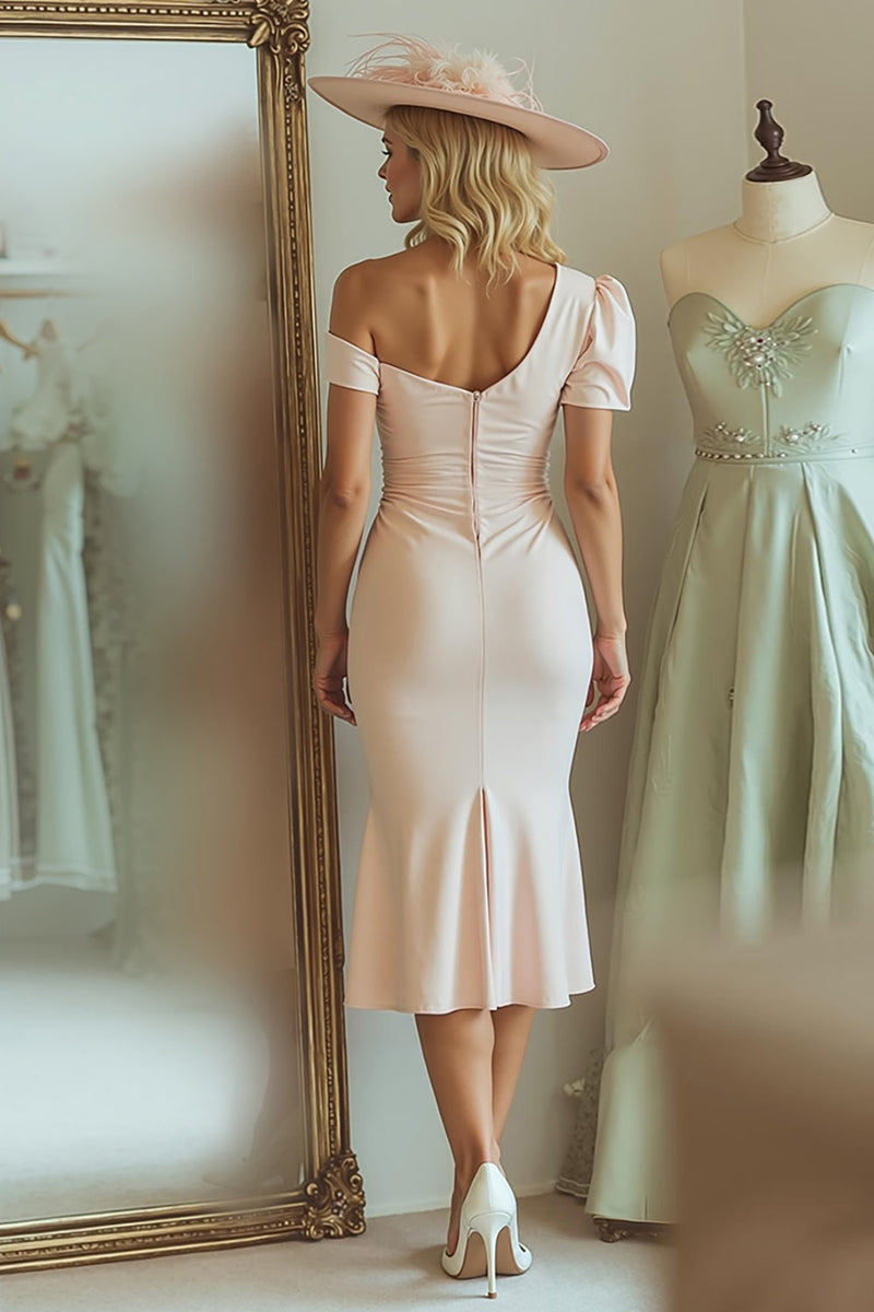 Load image into Gallery viewer, Candy Pink Bodycon One Shoulder Midi Mother of the Bride Dress with Sleeves