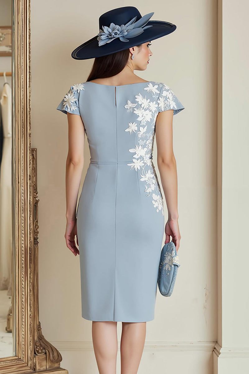 Load image into Gallery viewer, Dusty Blue Floral Bateau Neck Bodycon Midi Mother of the Bride Dress with Sleeves