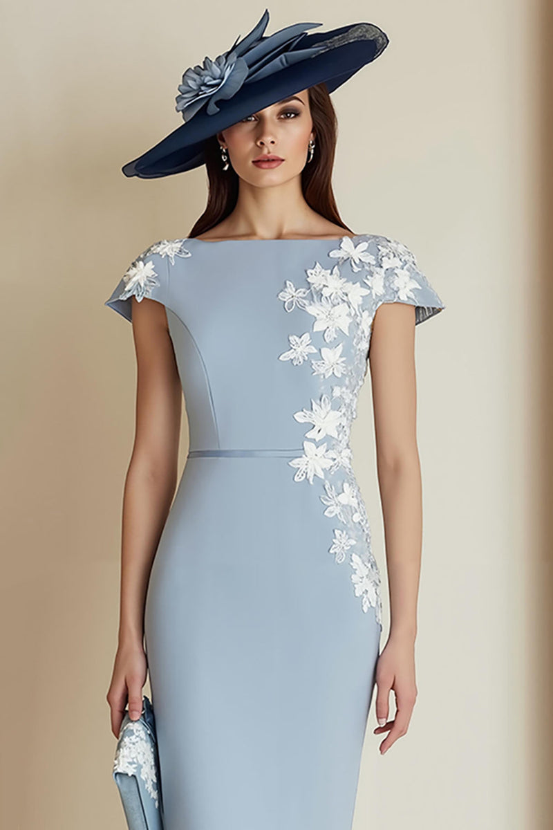 Load image into Gallery viewer, Dusty Blue Floral Bateau Neck Bodycon Midi Mother of the Bride Dress with Sleeves