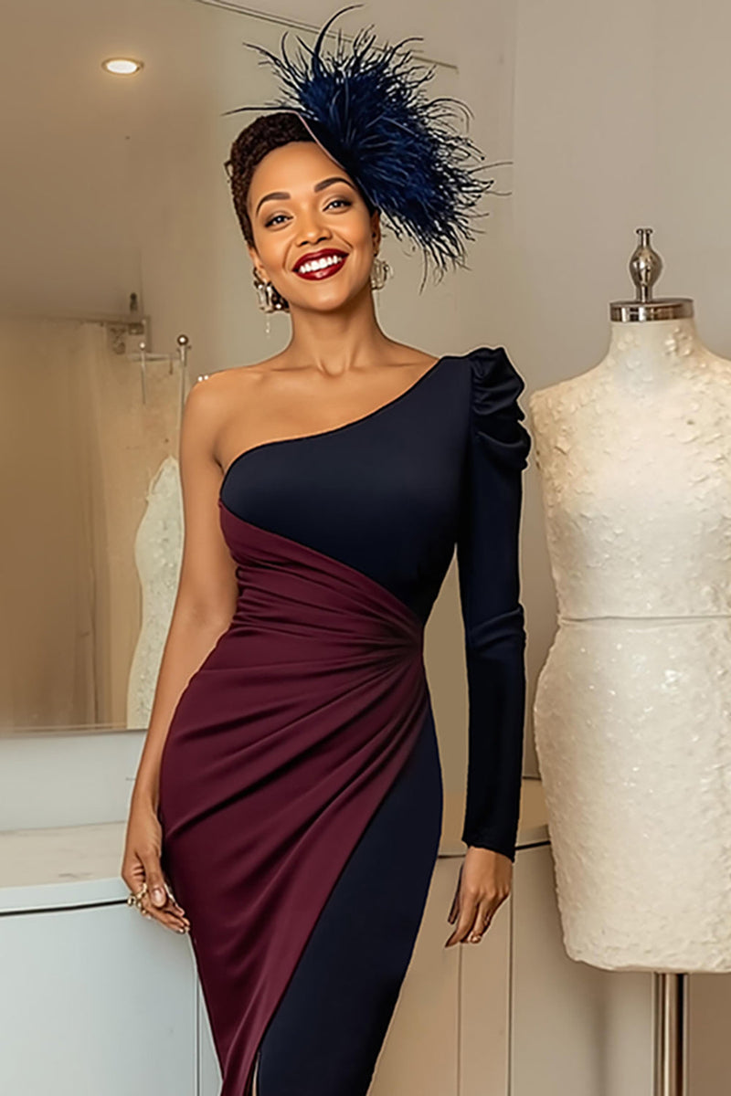 Load image into Gallery viewer, Burgundy Navy Ruched One Shoulder Midi Mother of the Bride Dress with Sleeves