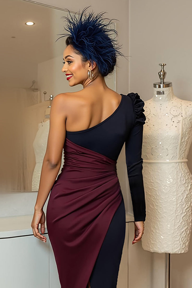 Load image into Gallery viewer, Burgundy Navy Ruched One Shoulder Midi Mother of the Bride Dress with Sleeves