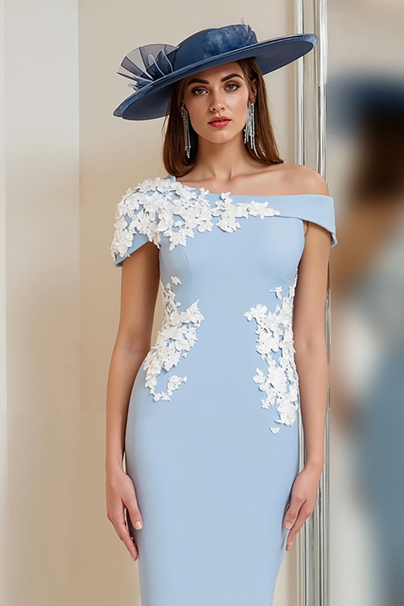 Load image into Gallery viewer, Light Blue One Shoulder Floral Bodycon Midi Mother of the Bride Dress with Slit