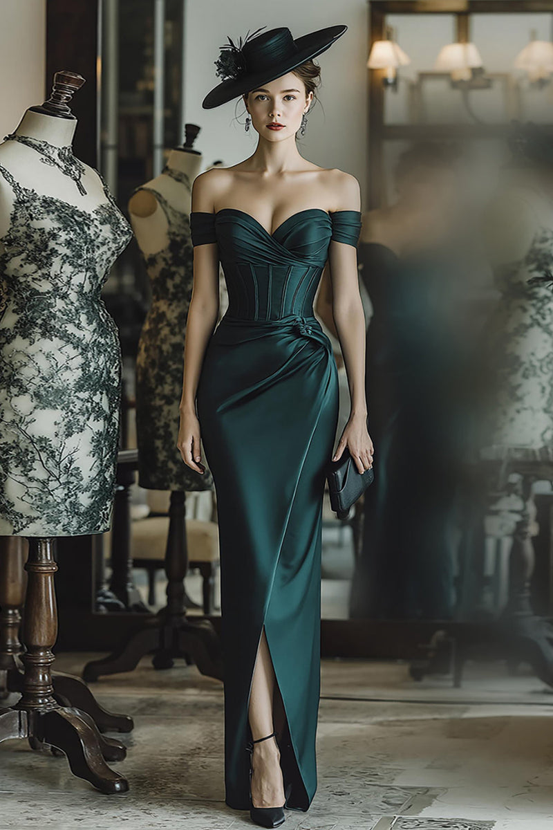 Load image into Gallery viewer, Pine Satin Mermaid Off the Shoulder Long Corset Mother of the Bride Dress