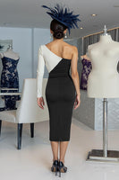 Load image into Gallery viewer, Black and White One Shoulder Bodycon Midi Mother of the Bride Dress with Sleeves