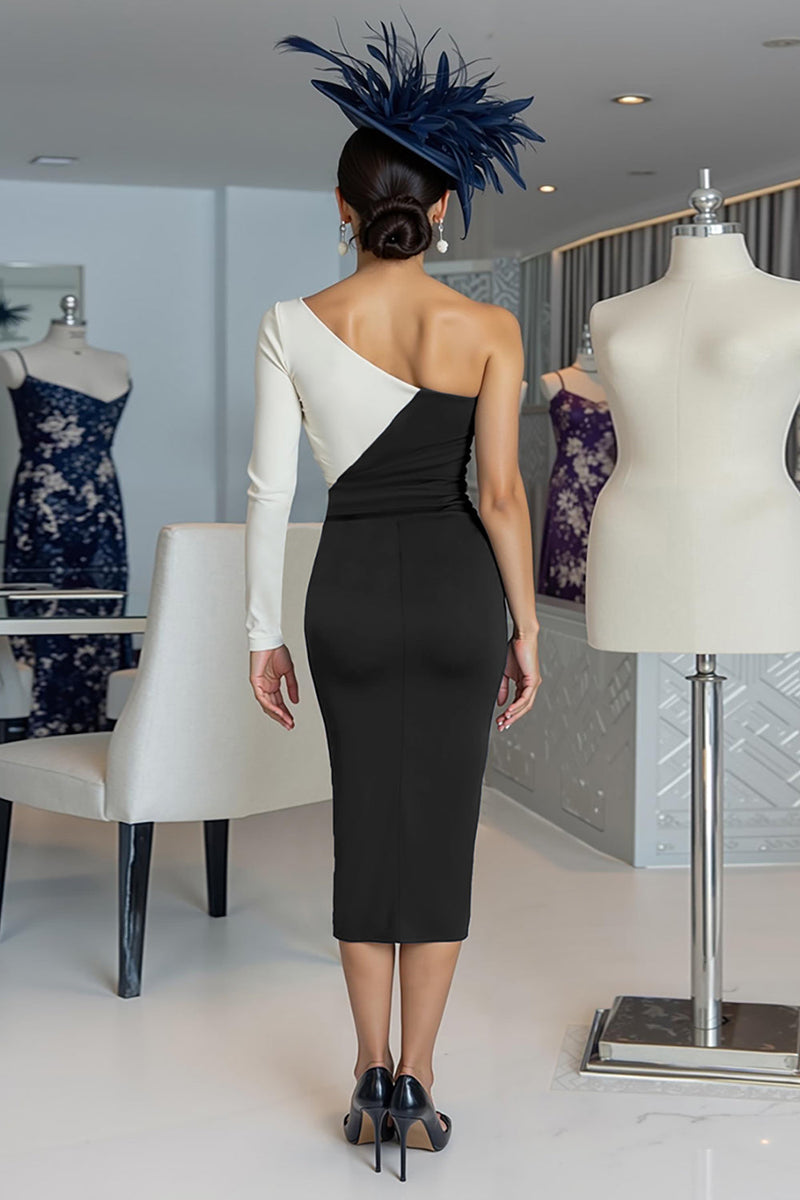 Load image into Gallery viewer, Black and White One Shoulder Bodycon Midi Mother of the Bride Dress with Sleeves