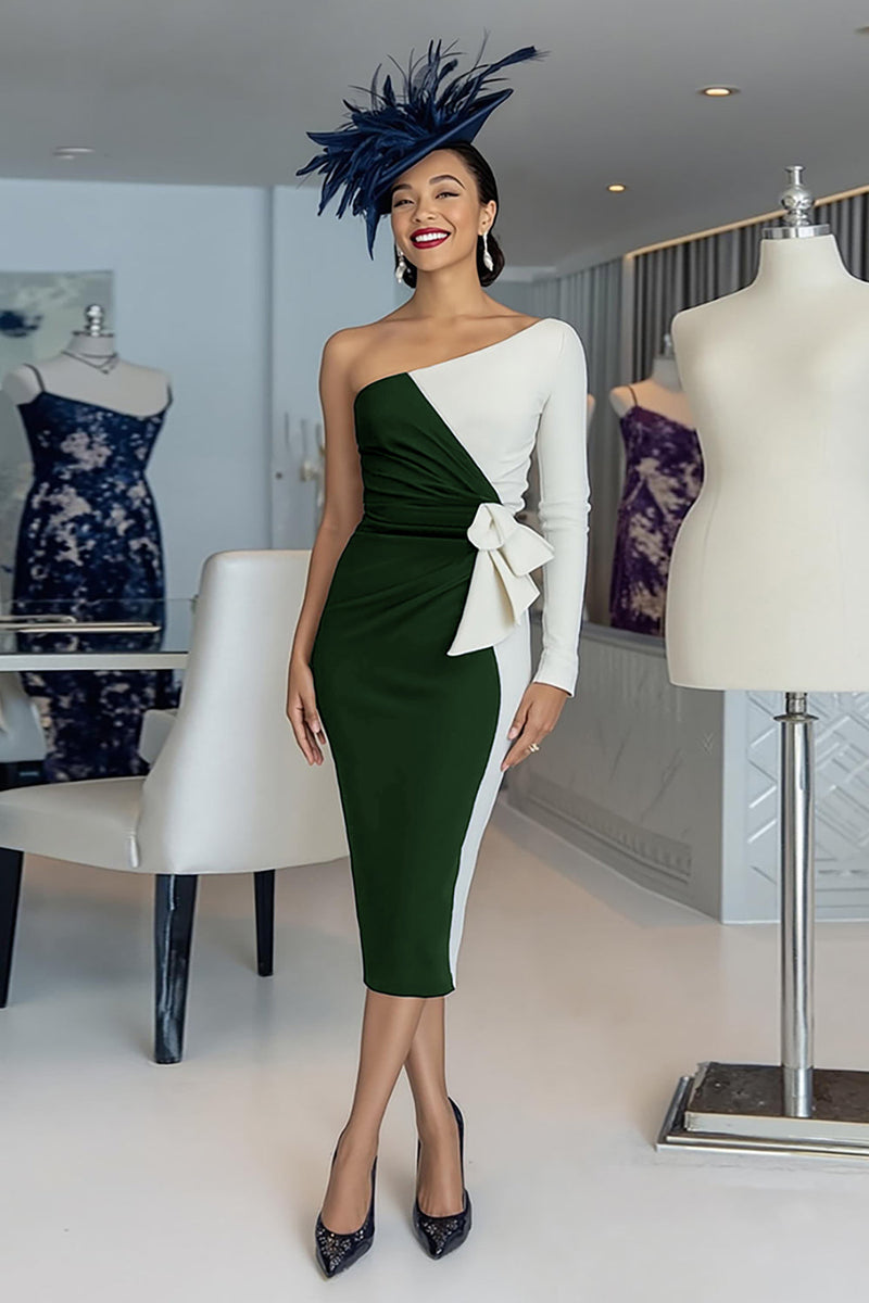 Load image into Gallery viewer, Black and White One Shoulder Bodycon Midi Mother of the Bride Dress with Sleeves