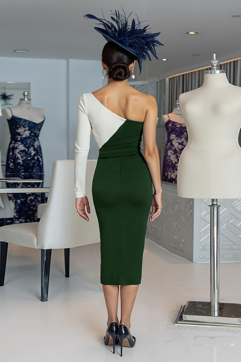Load image into Gallery viewer, Black and White One Shoulder Bodycon Midi Mother of the Bride Dress with Sleeves