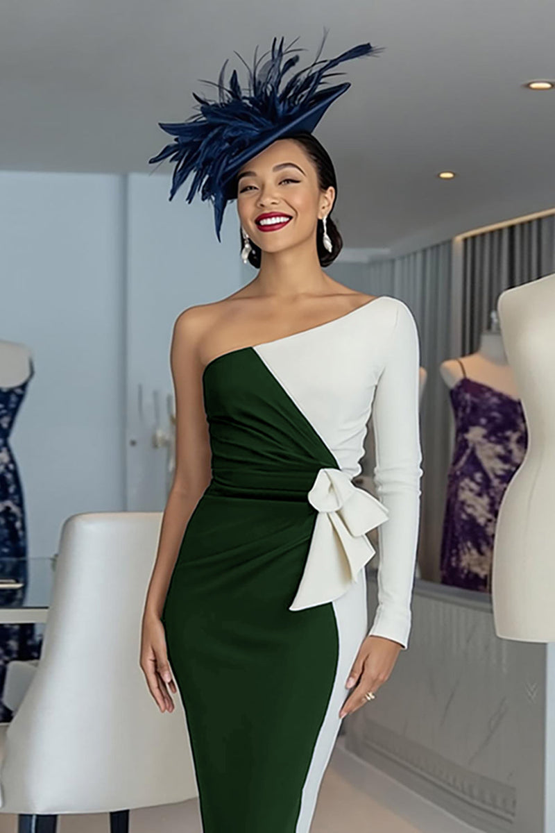 Load image into Gallery viewer, Black and White One Shoulder Bodycon Midi Mother of the Bride Dress with Sleeves