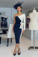 Load image into Gallery viewer, Black and White One Shoulder Bodycon Midi Mother of the Bride Dress with Sleeves